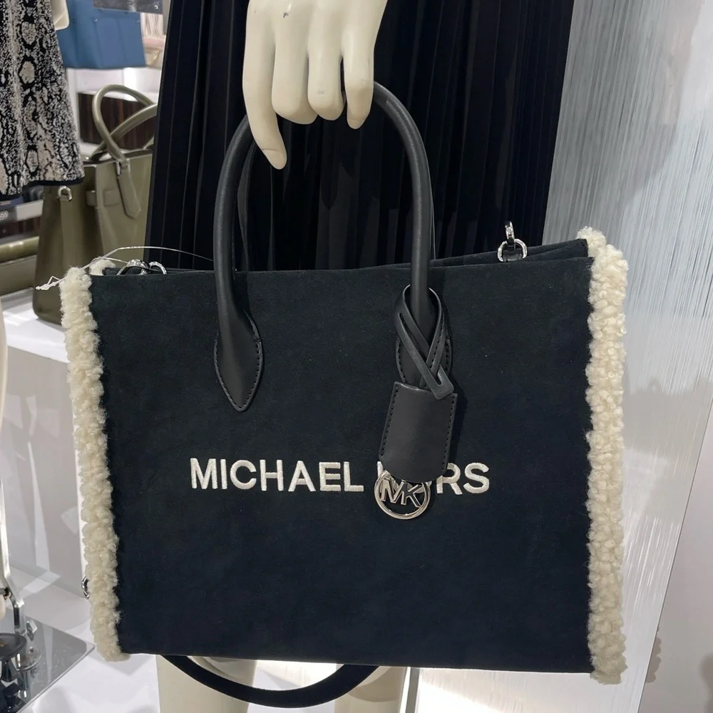 MICHAEL KORS Mirella Medium Suede and Faux Shearling Tote Bag Black  NWT